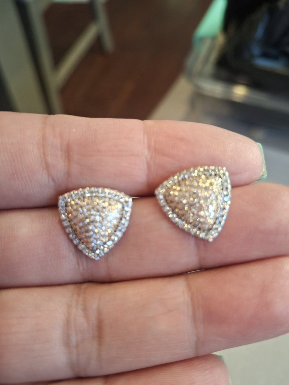 Sparkling Triangle Pavé Stud Earrings - Silver Tone - Picture 2 of 4